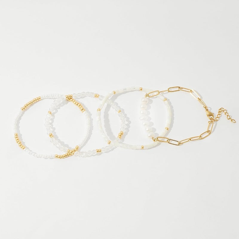 Pymach Store Dainty Gold Plated Pearl Crystal Beaded Bracelets Set for Women 14K Gold Plated Bead Pearl Beads Bracelet Stackable Paperclip Link Chain Bracelets Gold Plated Bracelets for Women Trendy Jewelry - Image 2